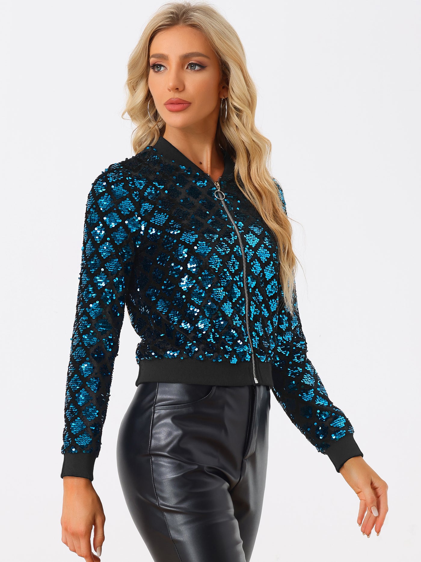 Allegra K Sequin Long Sleeve Zipper Up Glitter Bomber Jacket