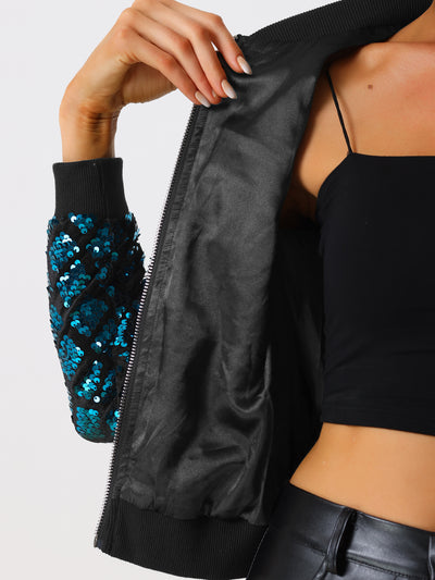 Sequin Long Sleeve Zipper Up Glitter Bomber Jacket