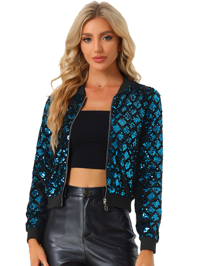 Sequin Long Sleeve Zipper Up Glitter Bomber Jacket