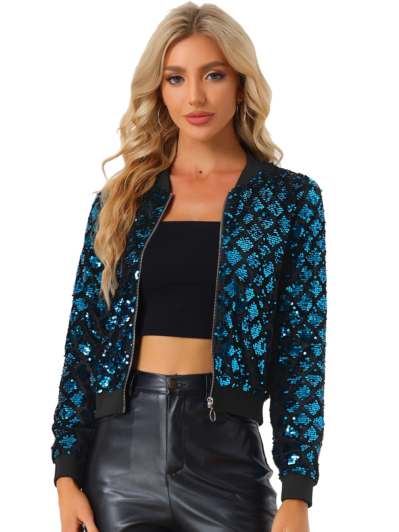 Allegra K Sequin Long Sleeve Zipper Up Glitter Bomber Jacket