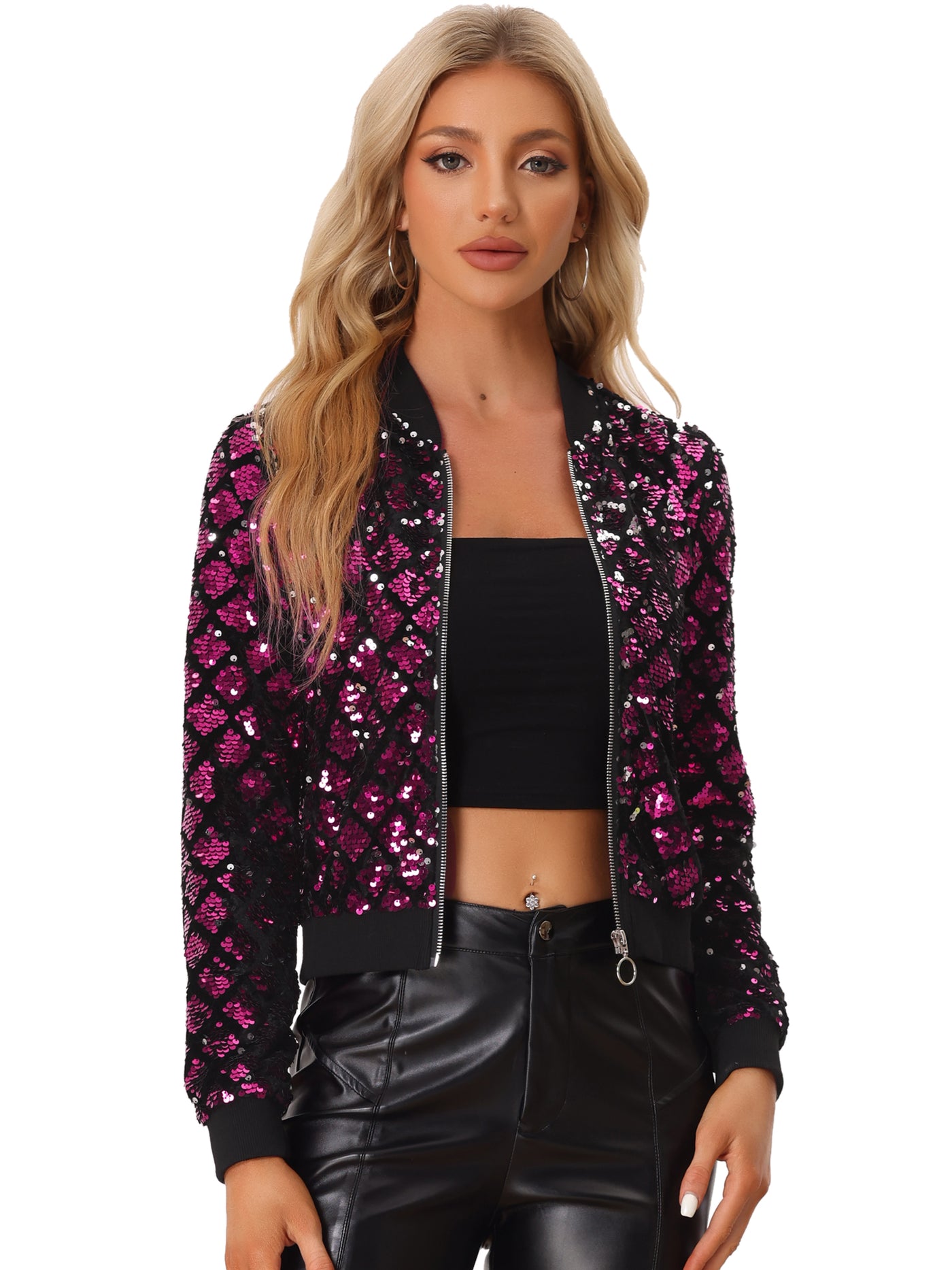 Allegra K Sequin Long Sleeve Zipper Up Glitter Bomber Jacket