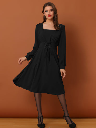 Square Neck Lace Up Lantern Long Sleeve Midi A-Line Dress