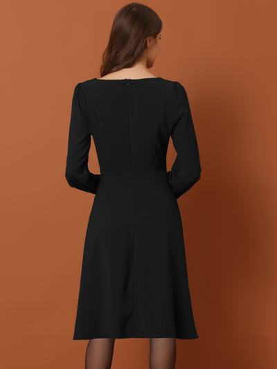 Square Neck Lace Up Lantern Long Sleeve Midi A-Line Dress