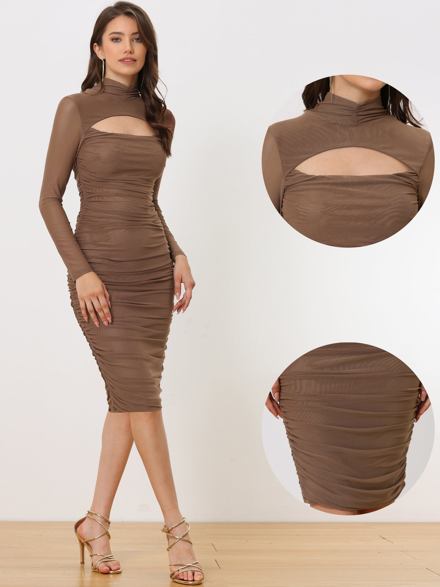 Allegra K Mesh Ruched Bodycon Mock Neck Long Sleeve Cut Out Dress