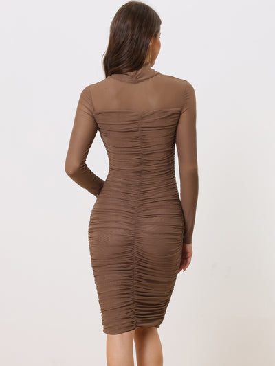 Mesh Ruched Bodycon Mock Neck Long Sleeve Cut Out Dress