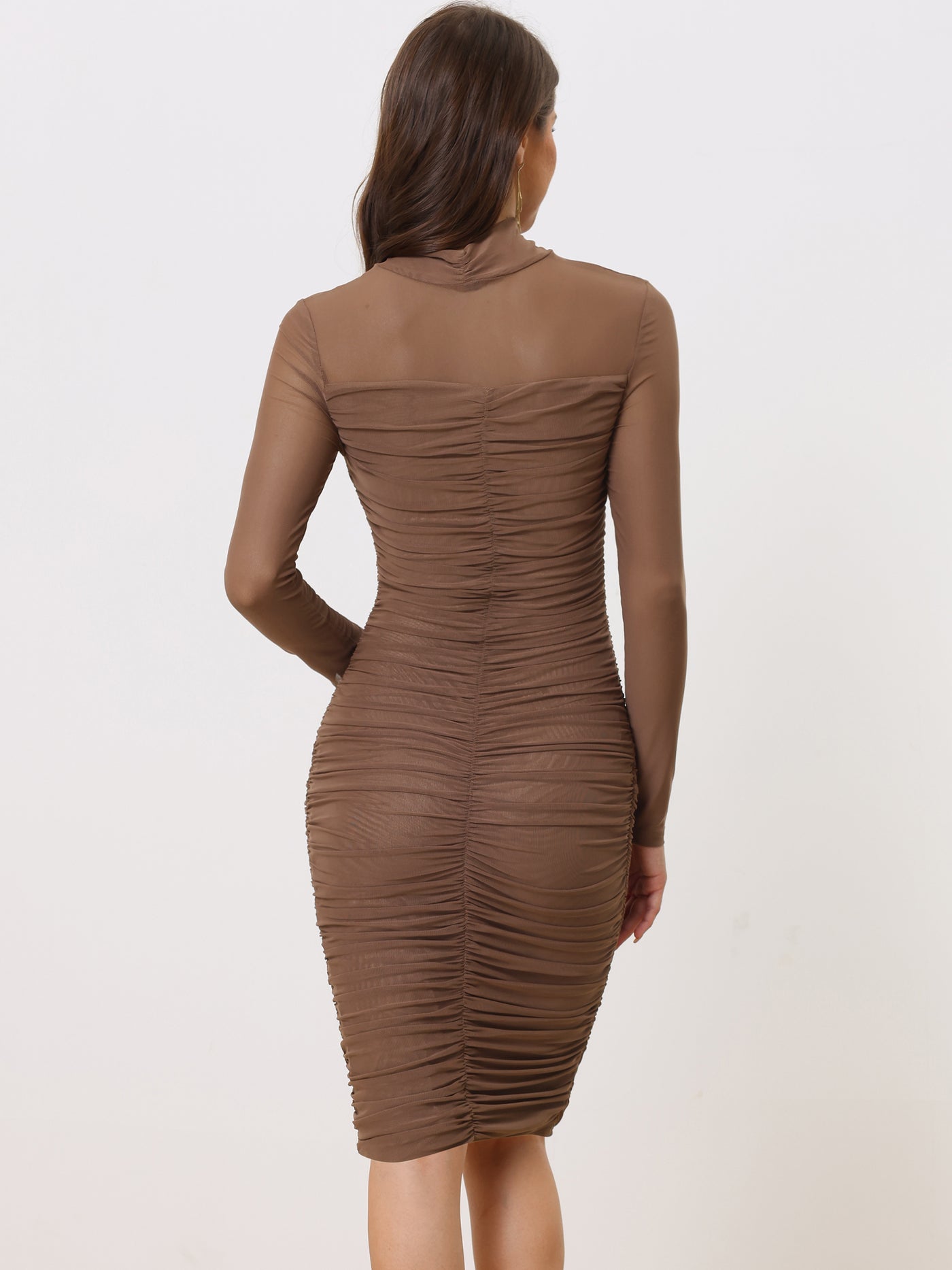 Allegra K Mesh Ruched Bodycon Mock Neck Long Sleeve Cut Out Dress