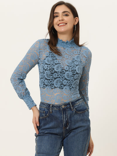See Through Stretch Tops Smocked High Neck Long Sleeve Lace Blouse