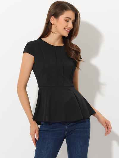 Elegant Round Neck Solid Color Cap Sleeve Peplum Blouse