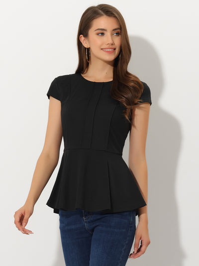 Elegant Round Neck Solid Color Cap Sleeve Peplum Blouse