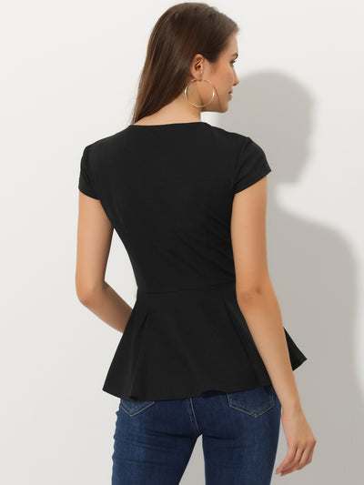 Elegant Round Neck Solid Color Cap Sleeve Peplum Blouse