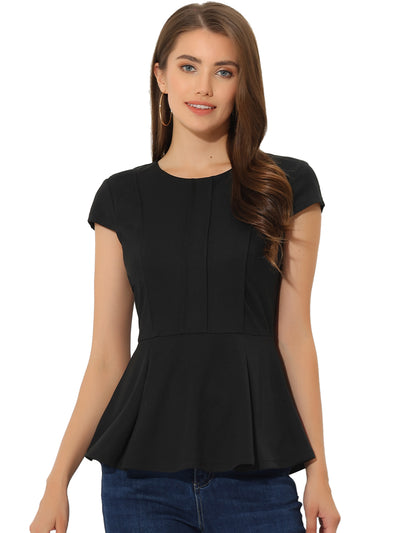 Elegant Round Neck Solid Color Cap Sleeve Peplum Blouse