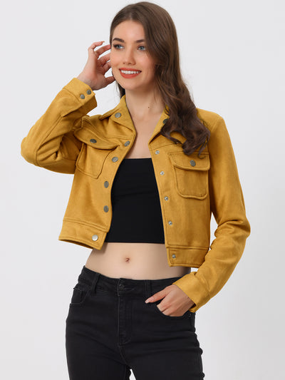 Faux Suede Jacket Button Down Collar Pockets Crop Moto Biker Coat