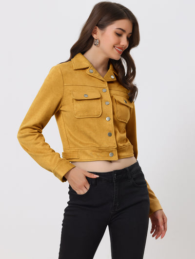 Faux Suede Jacket Button Down Collar Pockets Crop Moto Biker Coat