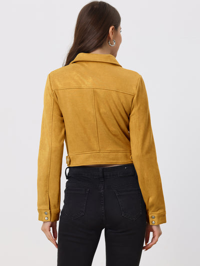 Faux Suede Jacket Button Down Collar Pockets Crop Moto Biker Coat