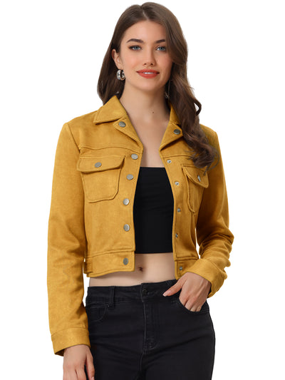 Faux Suede Jacket Button Down Collar Pockets Crop Moto Biker Coat