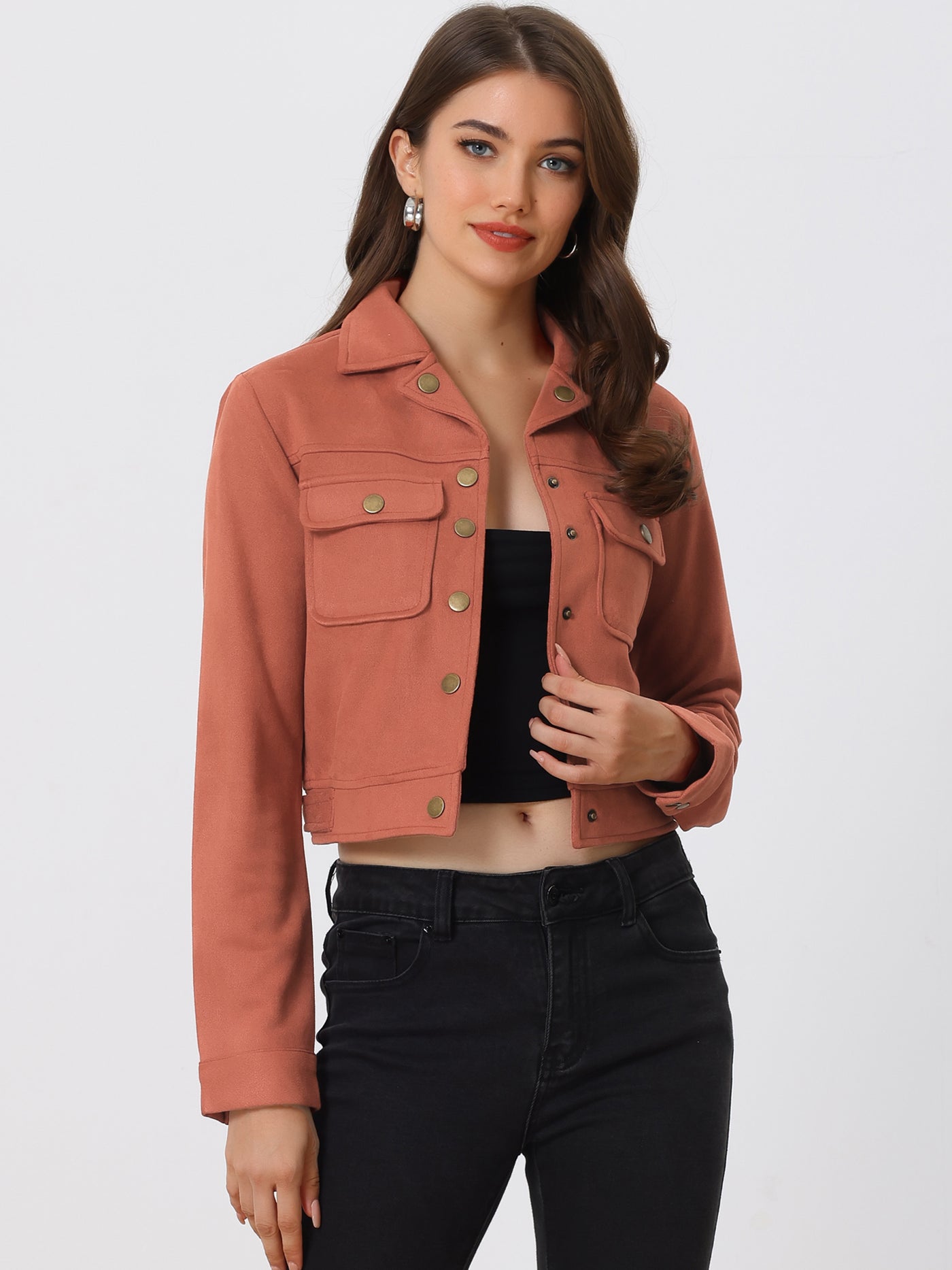 Allegra K Faux Suede Jacket Button Down Collar Pockets Crop Moto Biker Coat