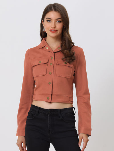 Faux Suede Jacket Button Down Collar Pockets Crop Moto Biker Coat