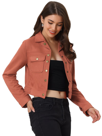 Faux Suede Jacket Button Down Collar Pockets Crop Moto Biker Coat