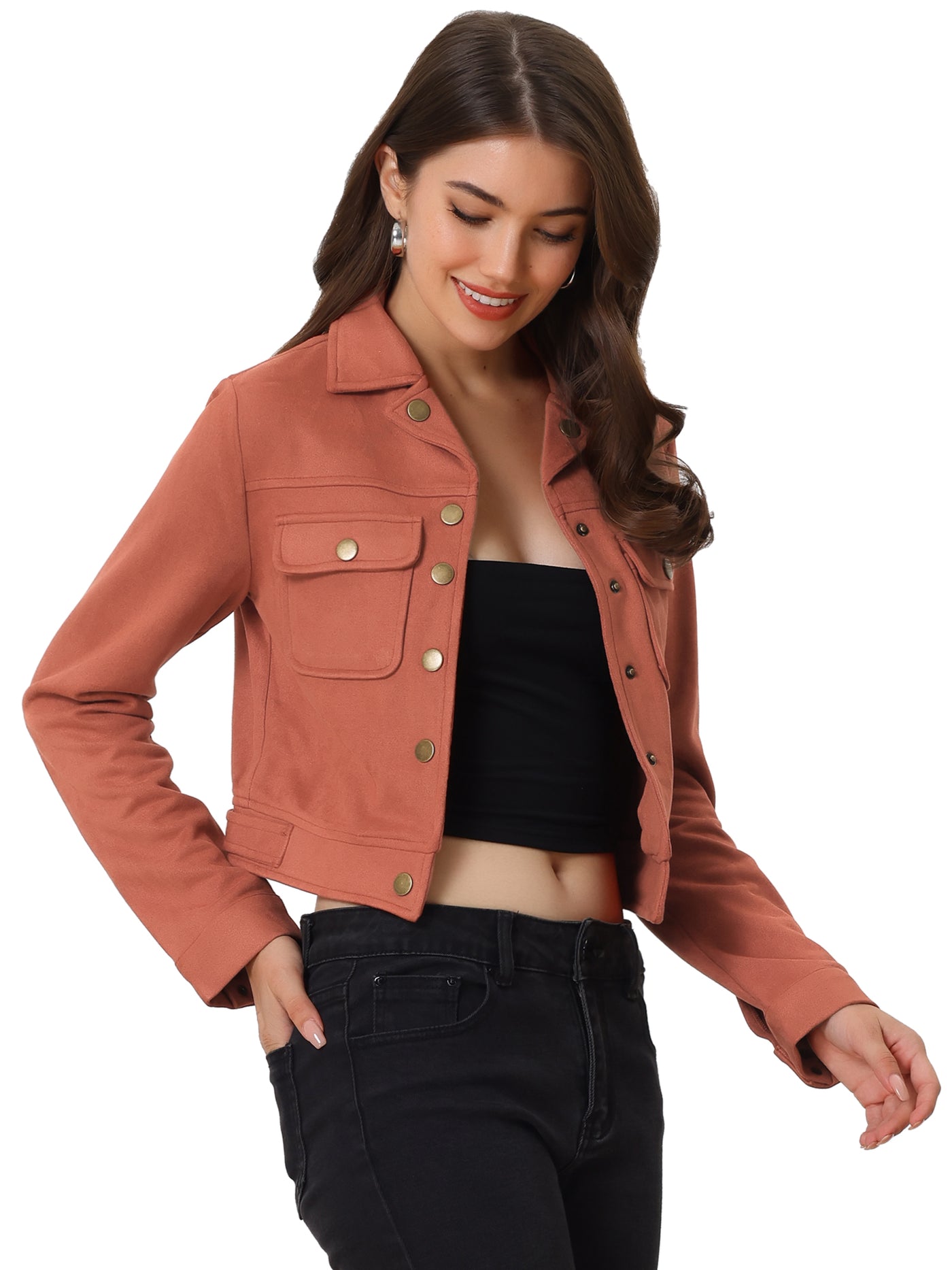 Allegra K Faux Suede Jacket Button Down Collar Pockets Crop Moto Biker Coat