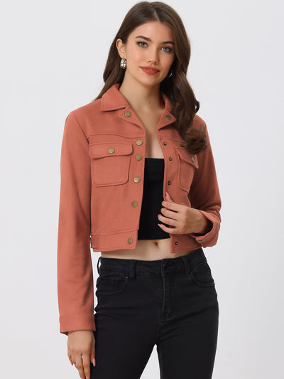 Faux Suede Jacket Button Down Collar Pockets Crop Moto Biker Coat