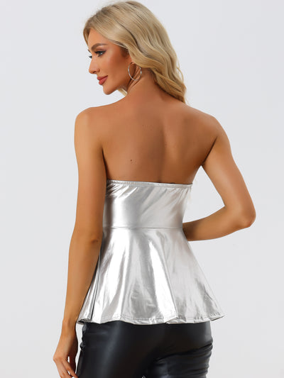 Strapless Tube Top Shiny Metallic Party Clubwear Peplum Blouse