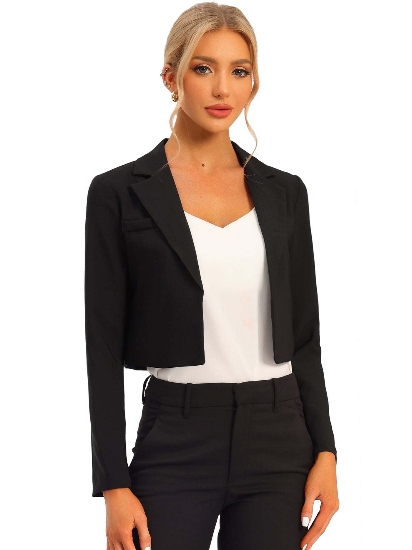 Allegra K Long Sleeve Open Front Notched Lapel Business Cropped Blazer