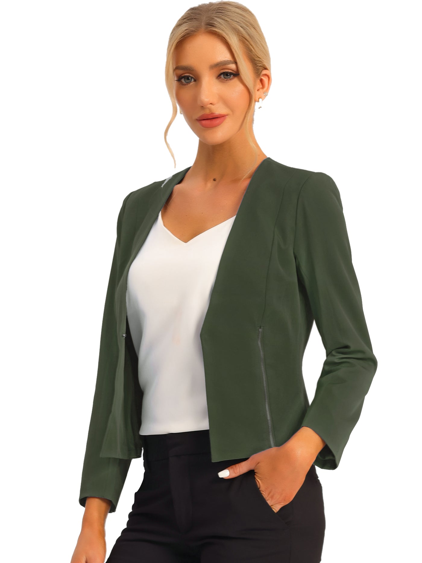 Allegra K Solid Color Long Sleeves Collarless Zipper Cropped Blazer Jacket