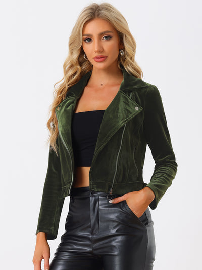 Velvet Lapel Collar Zipper Cropped Moto Biker Jacket