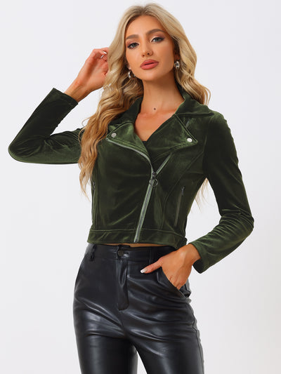 Velvet Lapel Collar Zipper Cropped Moto Biker Jacket