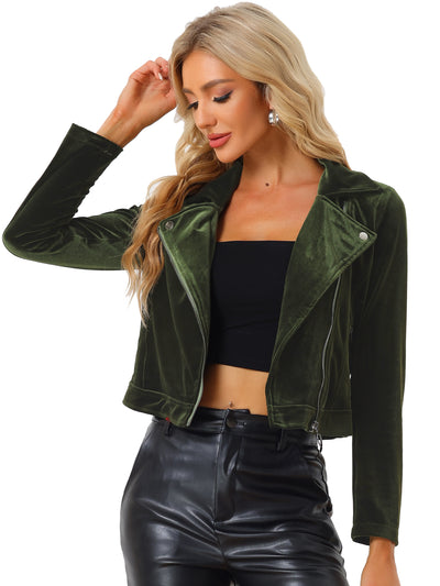 Velvet Lapel Collar Zipper Cropped Moto Biker Jacket