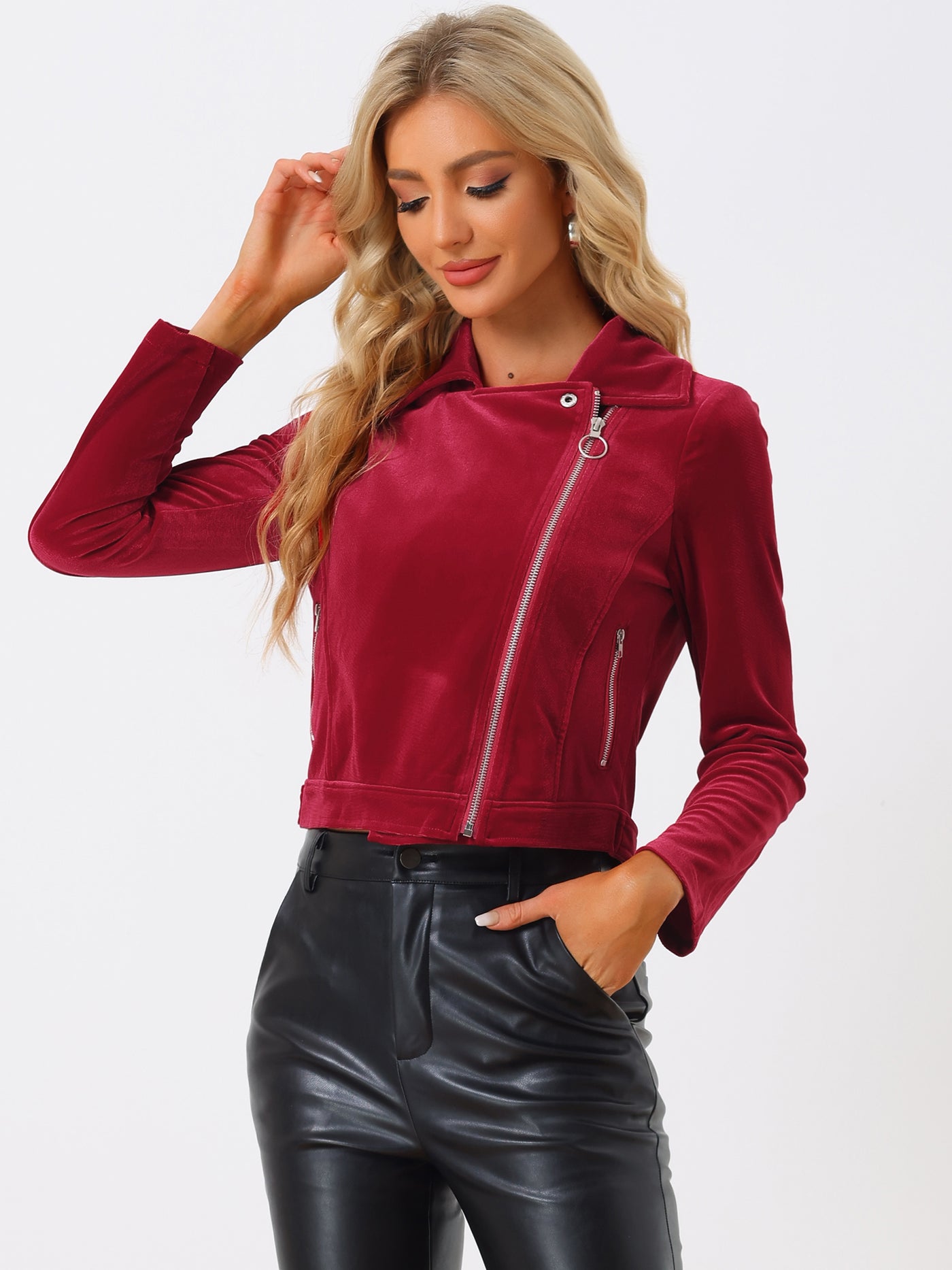 Allegra K Velvet Lapel Collar Zipper Cropped Moto Biker Jacket