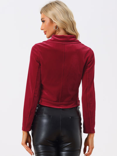 Velvet Lapel Collar Zipper Cropped Moto Biker Jacket