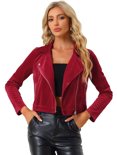 Velvet Lapel Collar Zipper Cropped Moto Biker Jacket