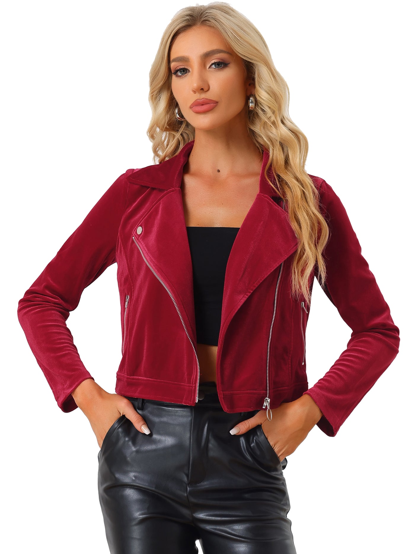 Allegra K Velvet Lapel Collar Zipper Cropped Moto Biker Jacket