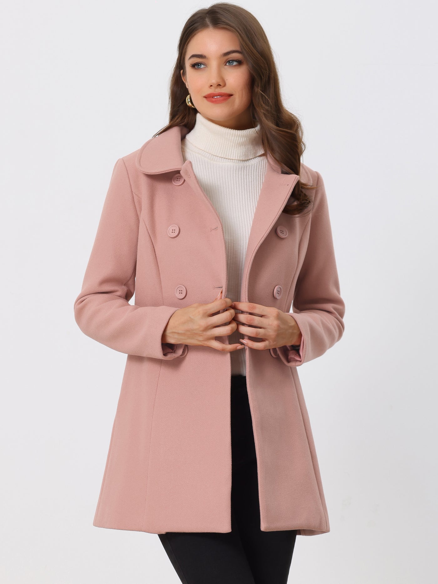 Allegra K Peter Pan Collar Double Breasted Long Trench Pea Coat