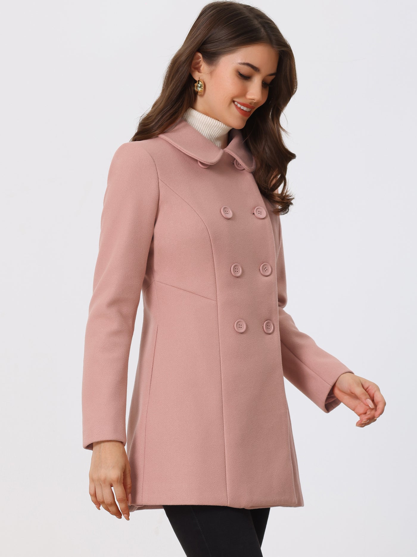 Allegra K Peter Pan Collar Double Breasted Long Trench Pea Coat