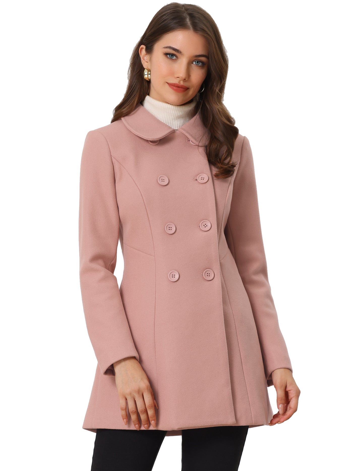 Allegra K Peter Pan Collar Double Breasted Long Trench Pea Coat