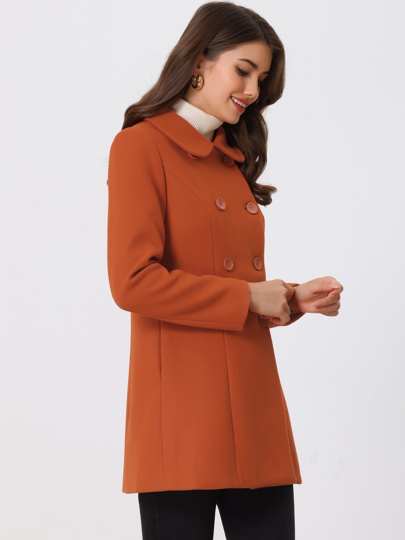 Allegra K Peter Pan Collar Double Breasted Winter Long Trench Pea Coat