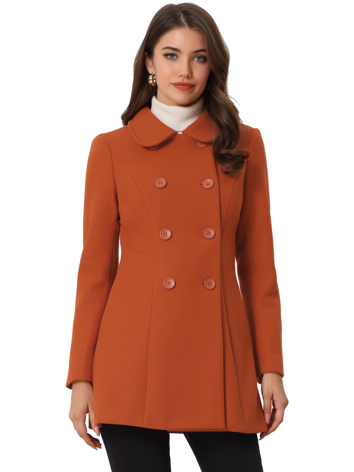 Allegra K Peter Pan Collar Double Breasted Winter Long Trench Pea Coat