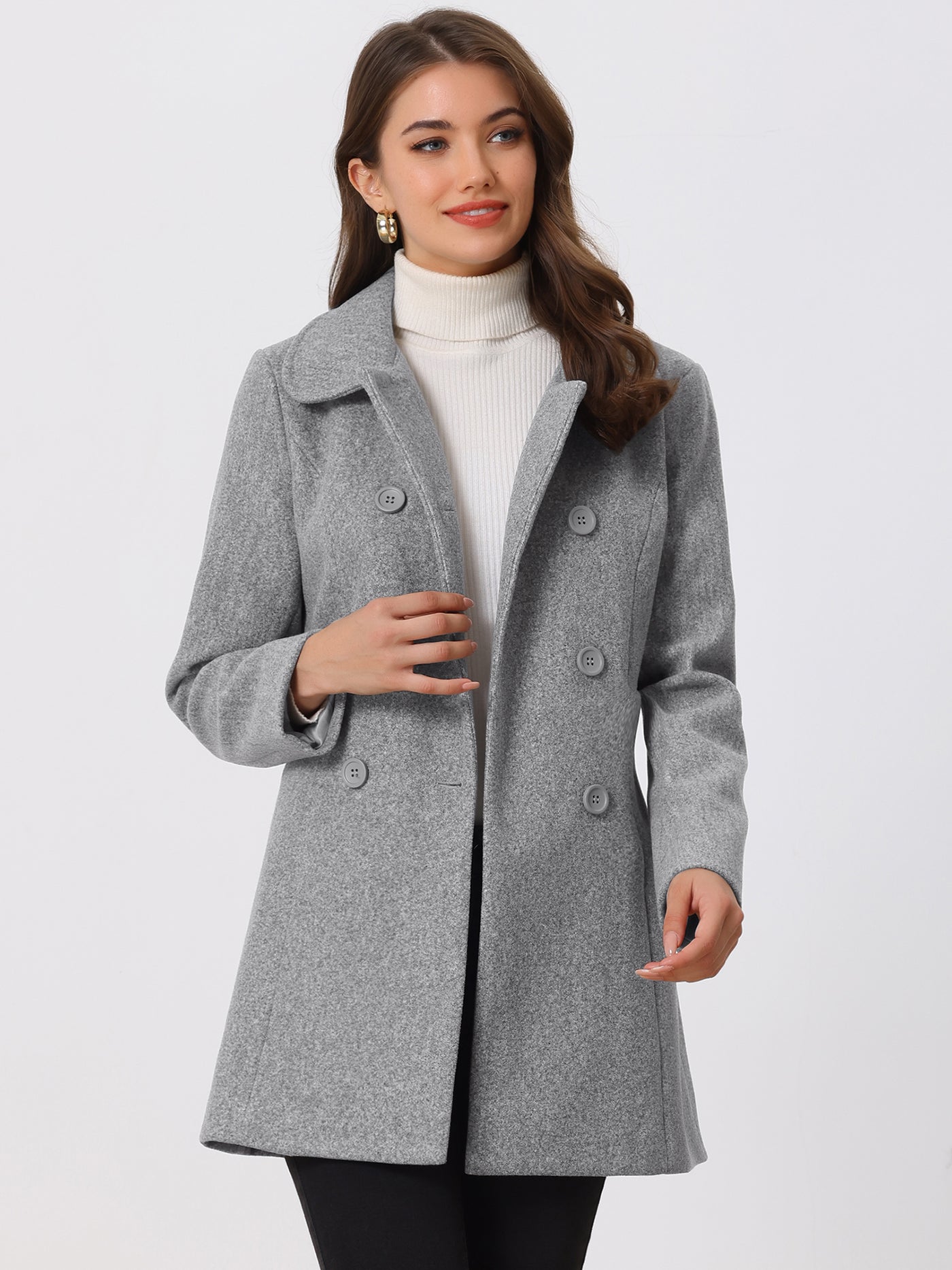 Allegra K Peter Pan Collar Double Breasted Long Trench Pea Coat