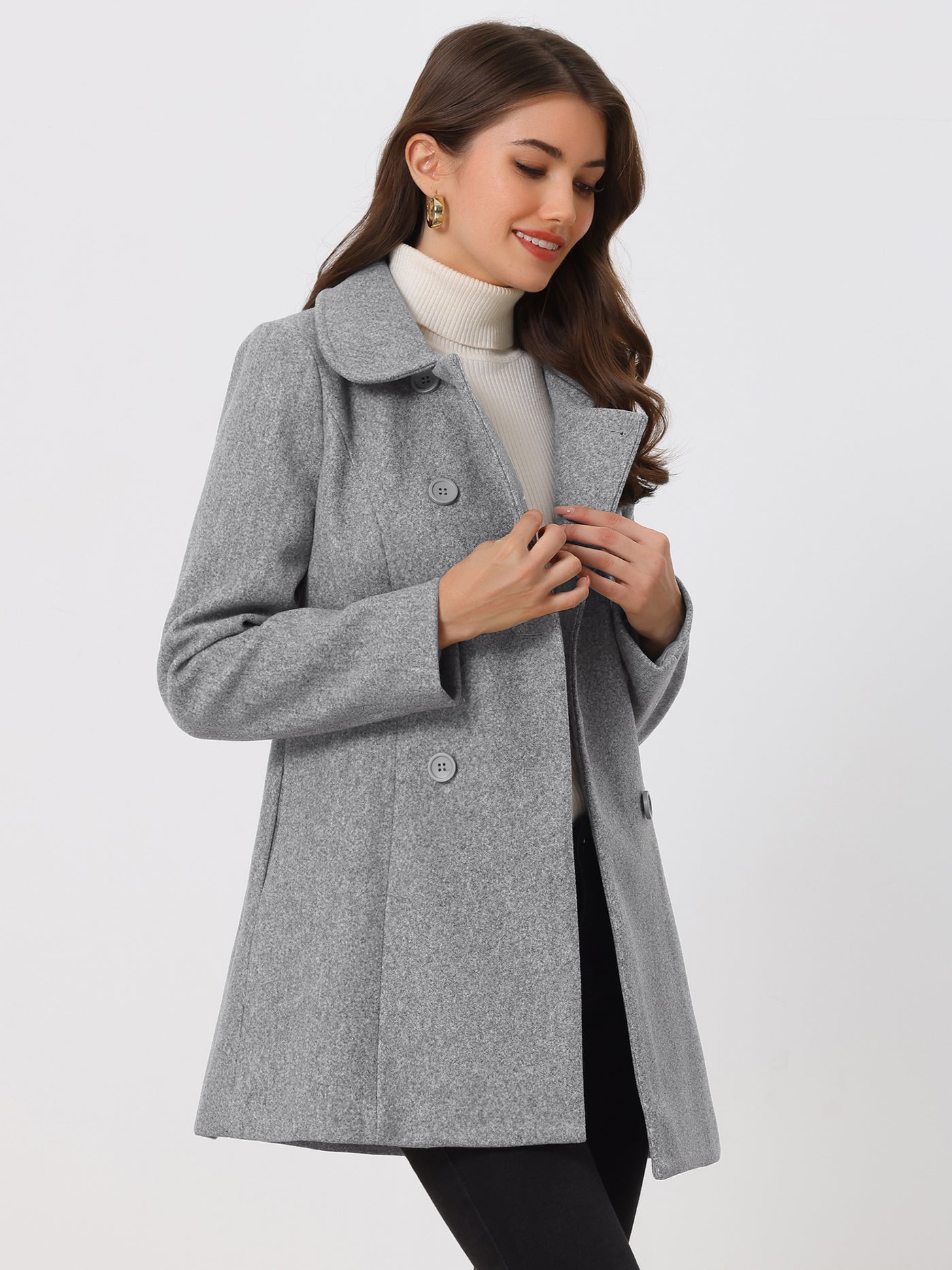 Allegra K Peter Pan Collar Double Breasted Long Trench Pea Coat