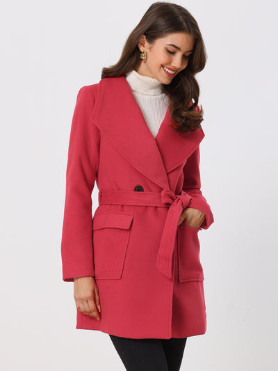 Shawl Collar Lapel Double Breasted Winter Belted Coat with Pockets