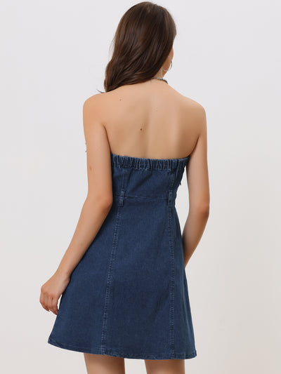 Stylish Stapless Sleeveless Tube Denim Mini Dress