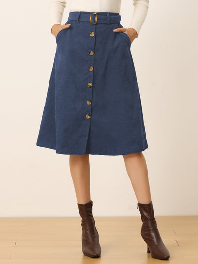 High Waist Button Front Belted Corduroy A-Line Midi Skirt