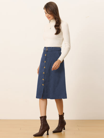 High Waist Button Front Belted Corduroy A-Line Midi Skirt