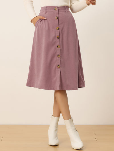 High Waist Button Front Belted Corduroy A-Line Midi Skirt