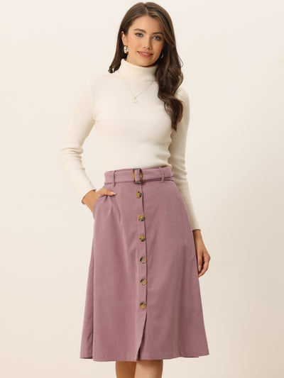 High Waist Button Front Belted Corduroy A-Line Midi Skirt