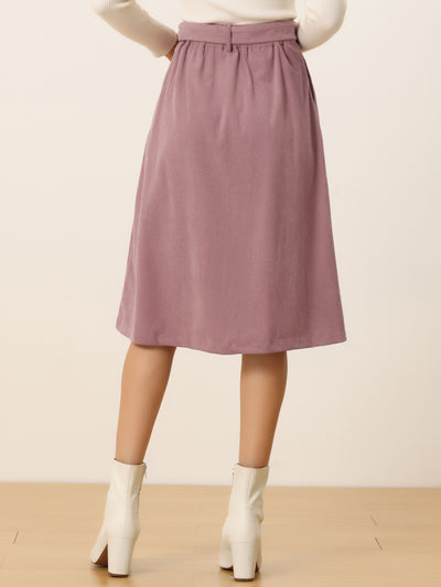 High Waist Button Front Belted Corduroy A-Line Midi Skirt