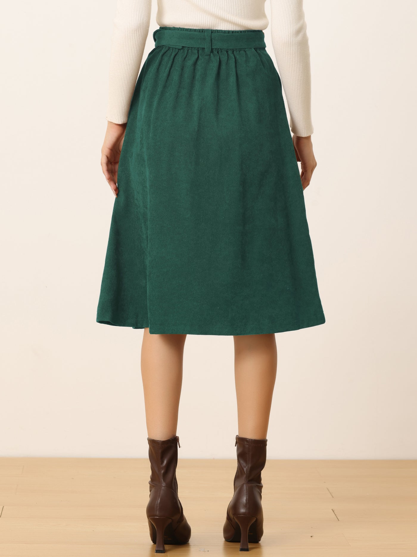 Allegra K High Waist Button Front Belted Corduroy A-Line Midi Skirt