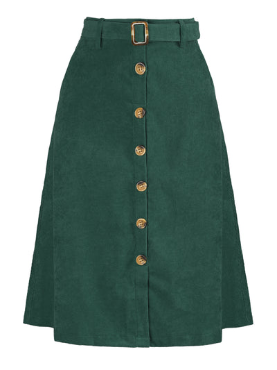 High Waist Button Front Belted Corduroy A-Line Midi Skirt